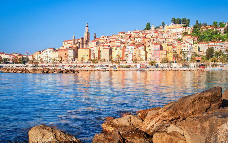Looking across the harbour to the old town in Menton on the French Riviera
