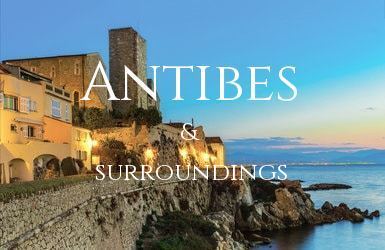 Old buildings in the City of Antibes as the sun sets over the Mediterranea sea.