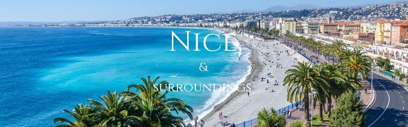 A view of the wide sandy beach in Nice with boats moored on the Mediterranean sea, white waves crashing on the shore, and a palm-lined beach front stretching into the distance.
