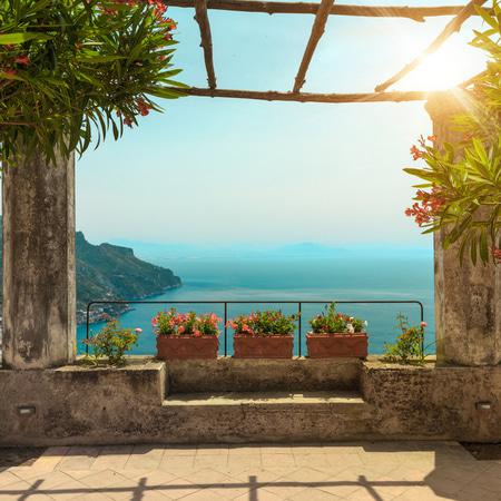 View over the Mediterranean sea from the terrace of a holiday villa