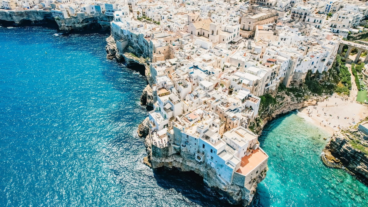 Aerial view of the magnificent city of Puglia by the ocean.