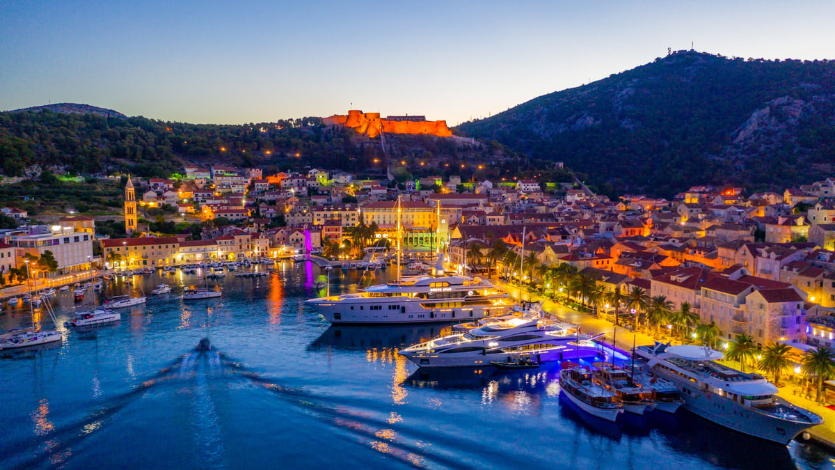 Hvar harbour by night in Croatia